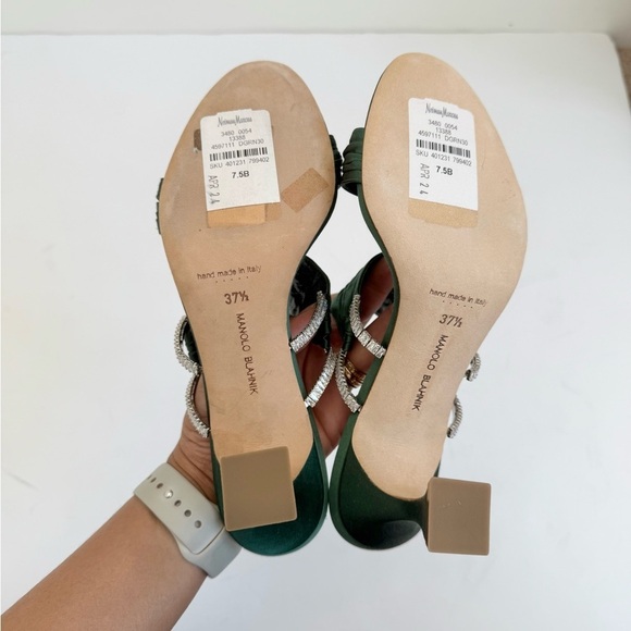 Manolo Blahnik Dark Green Gathered Satin Chinap 70mm open toe mules EU 37.5 - Picture 10 of 12